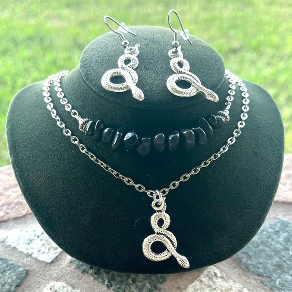 Set ! Obsidian double layer necklace snake + matching earrings boho goth celtic - Picture 4 of 10